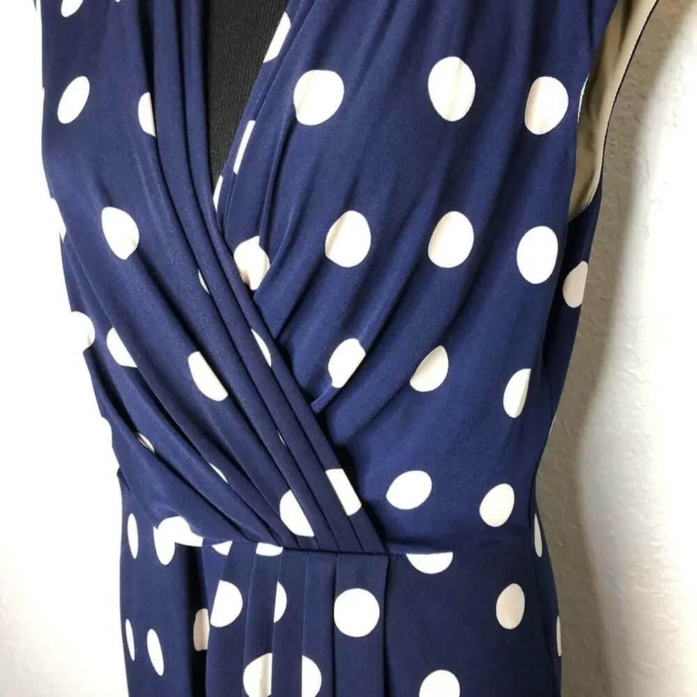 Eliza J navy blue cream tan polka dot faux wrap dress size 14